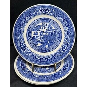 Set of 3 Willow Ware Royal China 6.25” round Blue & white bread Plates vintage